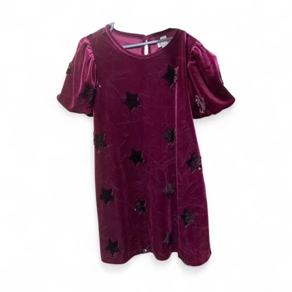Cat & Jack Girls' Short-Sleeve Sequin 'Star' Velour Dress in burgundy Size 8